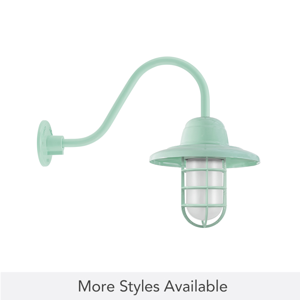 Industrial Guard Gooseneck Light, 311-Jadite, Warehouse Shade, CGG-Standard Cast Guard, FST-Frosted Glass, G11 Gooseneck Arm