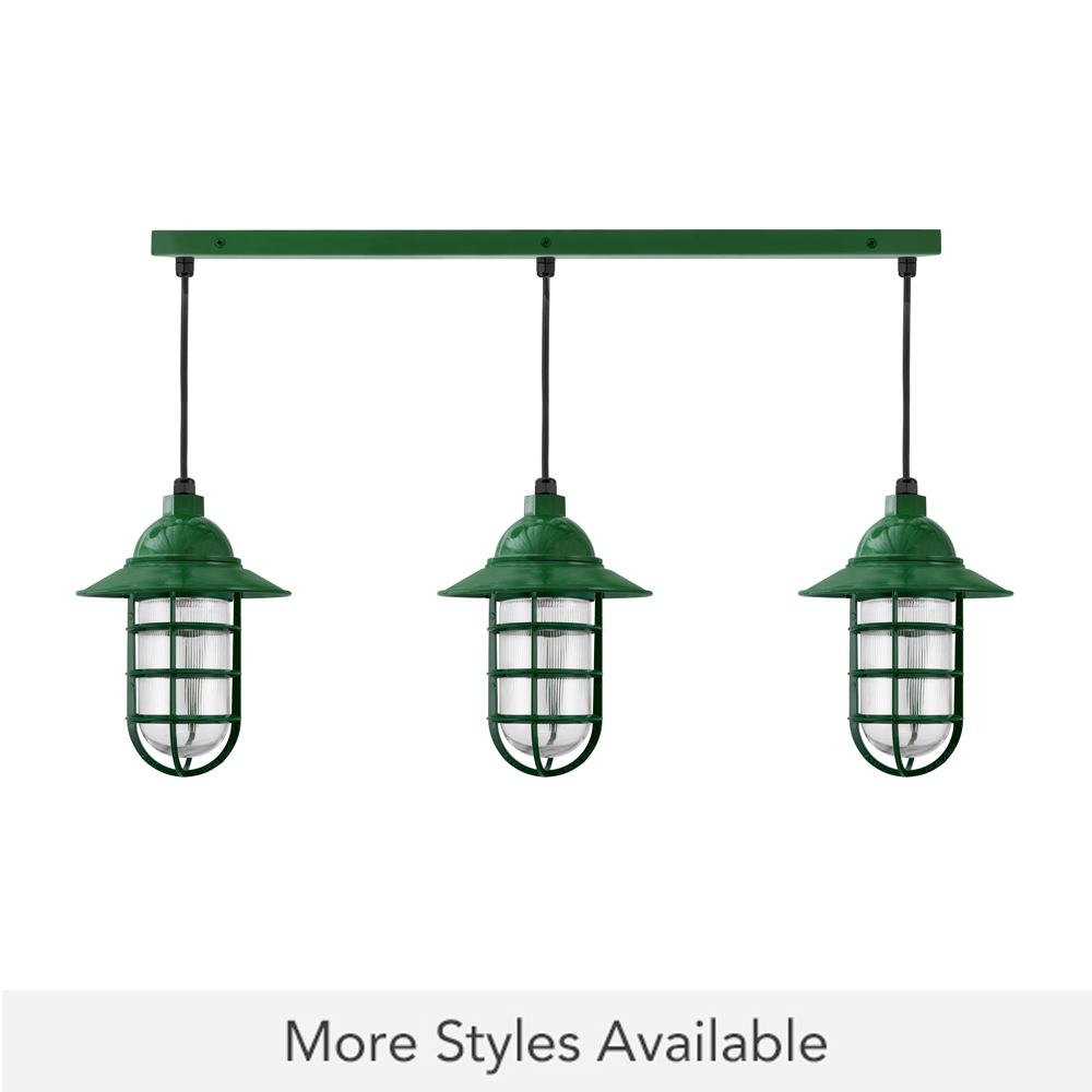 Enterprise 3-Light Chandelier, 307-Emerald Green, Flared Shade, CGG-Standard Cast Guard, RIB-Ribbed Glass, CSB-Black Cloth Cord