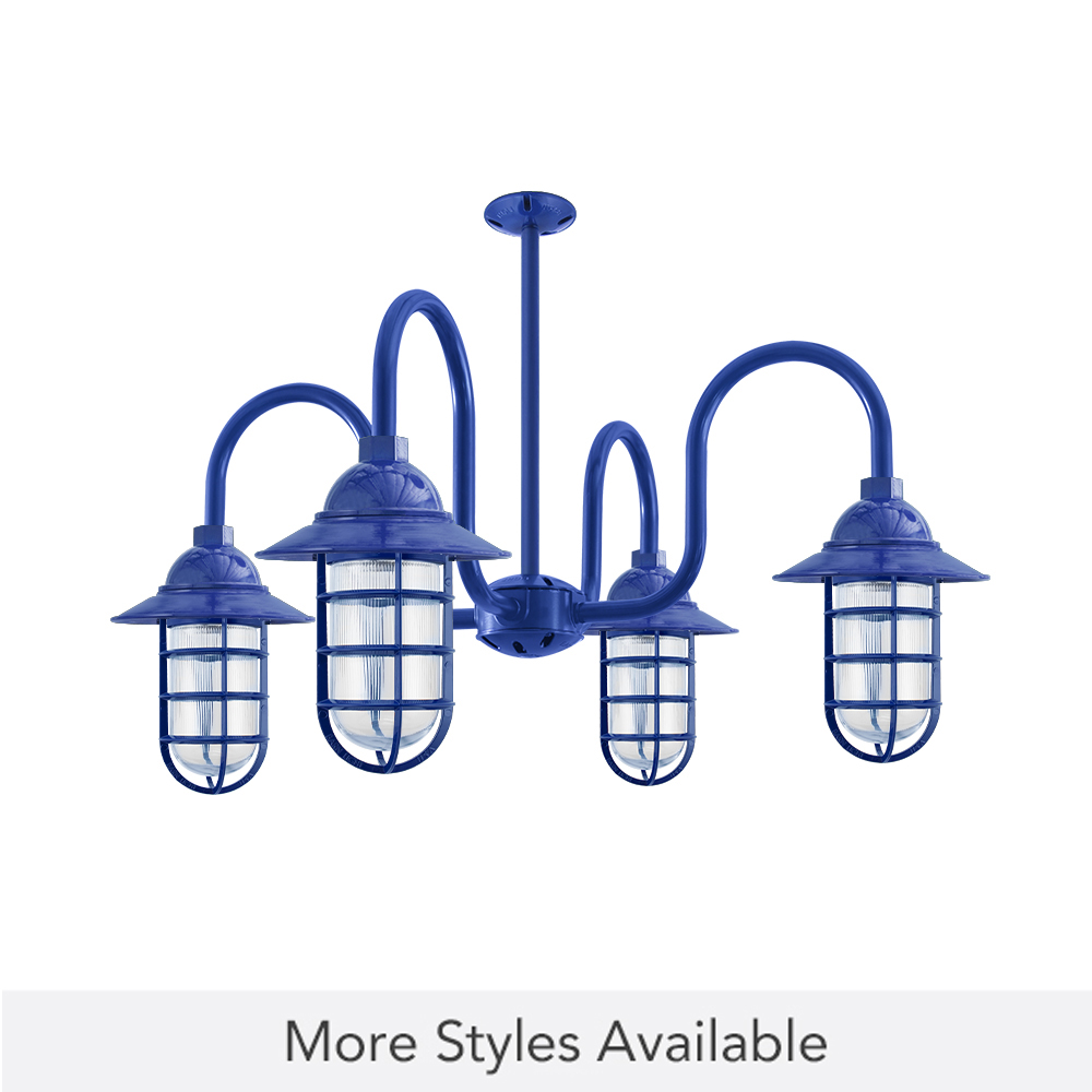 Polars 4-Light Chandelier, 700-Royal Blue, Flared Shade, CGG-Standard Cast Guard, RIB-Ribbed Glass