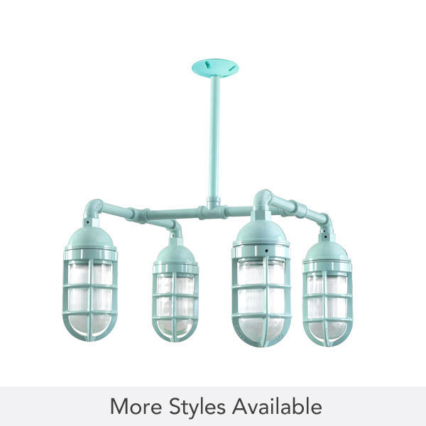 Foundry LED 4-Light Chandelier, 311-Jadite PTMP, No Shade, TGG-Heavy Duty Cast Guard, RIB-Ribbed Glass