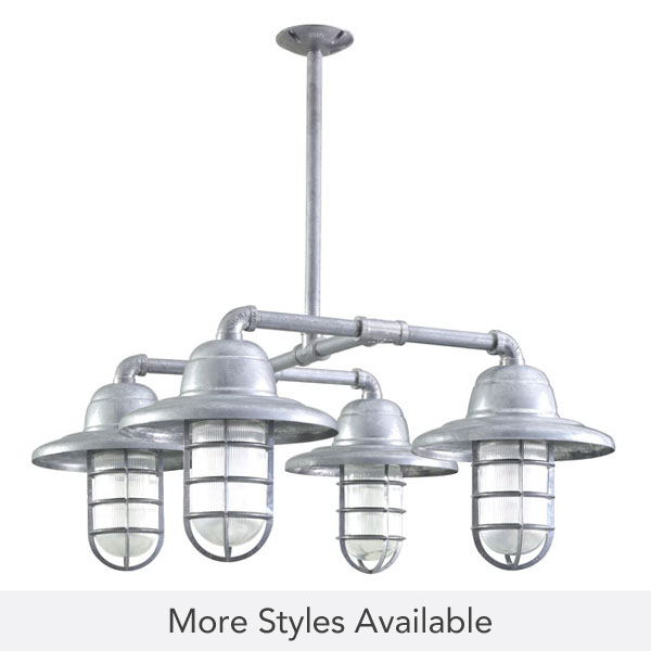 Foundry 4-Light Chandelier, 975-Galvanized, Warehouse Shade, CGG-Standard Cast Guard, RIB-Ribbed Glass