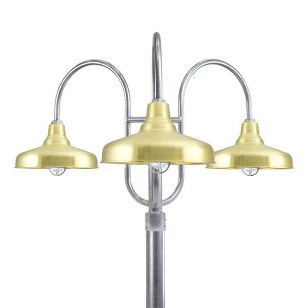 Union Nautical LED Triple Post Mount Light, 997-Natural Raw Brass, Standard Cast Guard in 975-Galvanized, Smooth Direct Burial Pole