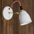 Lovell Plug-In Wall Sconce, 250-Porcelain White, Raw Brass Arm, CSRW-Red & White Cloth Cord Lovell Plug-In Wall Sconce, 250-Porcelain White, Raw Brass Arm, CSRW-Red & White Cloth Cord