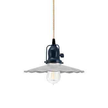 10" Fluted Shade, 975-Galvanized, Cup in 705-Navy, With Arms, Paddle Switch, CSGW-Gold & White Cloth Cord, Nostalgic Edison-Style 1910 Era 60 Watt Light Bulb