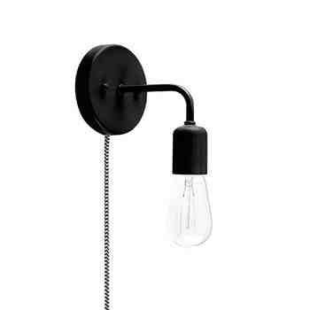 Downtown Minimalist Plug-In Sconce, 100-Black, CSBW-Black & White Cloth Cord, 1890 Era 40w Edison-Style Bulb