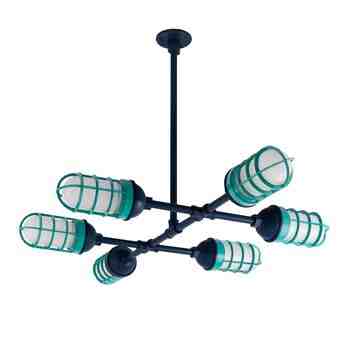 Factory Overhead LED 6-Light Chandelier, 705-Navy, CGG-Standard Cast Guard, Guard in 390-Teal, FST-Frosted Glass
