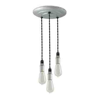 3-Light Indy Porcelain Socket Chandelier, Galvanized Canopy, TBK-Black Cotton Twist Cord, 1890 Era 40w Edison Bulbs