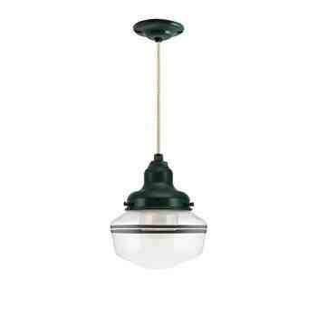Kao Primary Schoolhouse Pendant Light, 300-Dark Green, Small Clear Glass, Double Painted Band, 100-Black, CSGW-Gold & White Cloth Cord