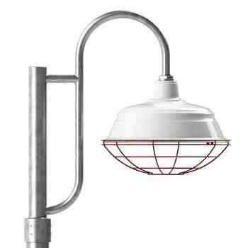 17" Bomber Post Mount Light, 250-Porcelain White, Single Decorative Post Mount Option in 975-Galvanized, Wire Cage in 411-Cherry Red, Smooth Direct Burial Pole in 975-Galvanized