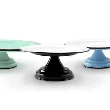 Set of 3 Enamelware Cake Stands, From Left: Jadite, Black with White Top, Delphite with White Top