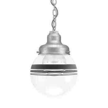 Round Chain Hung, 975-Galvanized, Clear Glass, Three Painted Band, 100-Black, Mounting in 975-Galvanized, CSBW-Black & White Cloth Cord, Shown with G40 Half-Chrome Bulb