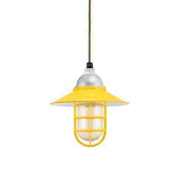 12" Syracuse LED, 500-Buttery Yellow, CGG-Standard Cast Guard, RIB-Ribbed Glass, CSBG-Black & Gold Cloth Cord, Top & Canopy in 975-Galvanized