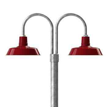 14" The Original™ LED, 455-Porcelain Cherry Red, Double Post Mount, 975-Galvanized, Smooth Direct Burial Pole, 975-Galvanized