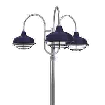 14" Avalon LED, 705-Navy, Wire Cage, Decorative 3 Light Post Mount, 975-Galvanized, Smooth Direct Burial Pole, 975-Galvanized