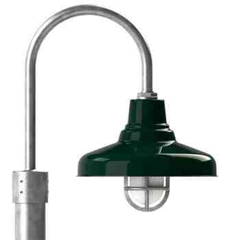 14" Union LED, 350-Porcelain Green, Single Post Mount, 975-Galvanized, Smooth Direct Burial Pole, 975-Galvanized, TGG-Heavy Duty Cast Guard, 975-Galvanized, FST-Frosted Glass