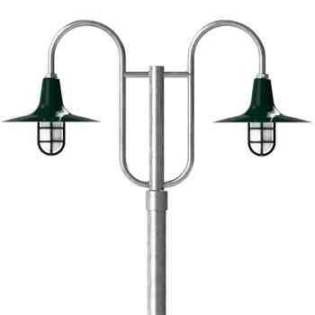 16" Sterling LED, 350-Porcelain Vintage Green, Decorative Double Post Mount, 975-Galvanized, Smooth Direct Burial Pole, 975-Galvanized, TGG-Heavy Duty Cast Guard, 975-Galvanized, FST-Frosted Glass