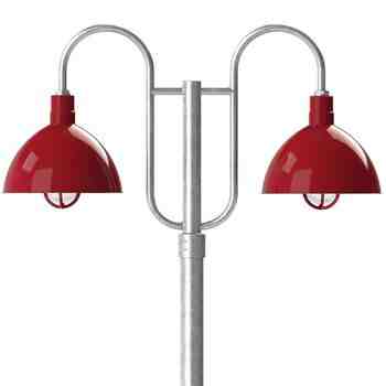 16" Wilcox LED, 455-Porcelain Cherry Red, Decorative Double Post Mount, 975-Galvanized, Smooth Direct Burial Pole, 975-Galvanized, CGG-Standard Cast Guard, 455-Cherry Red, RIB-Ribbed Glass