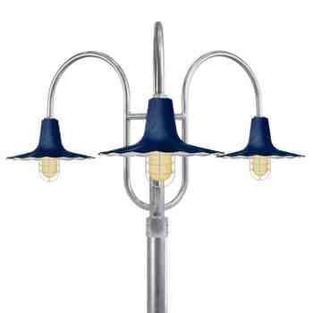 16" Seaside LED, 705-Navy, Triple Post Mount, 975-Galvanized, Smooth Direct Burial Pole, 975-Galvanized, WGG-Wire Guard, 975-Galvanized, HCR-Honey Crackle Glass