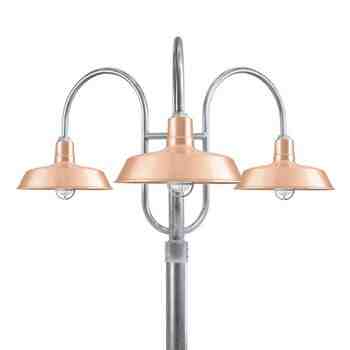 16" The Original™ LED, 995-Natural Raw Copper, 3-Light Post Mount, 975-Galvanized, Smooth Direct Burial Pole, 975-Galvanized, CGG-Standard Cast Guard, 975-Galvanized, RIB-Ribbed Glass