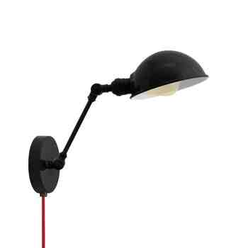 Parabolic Plug-In Wall Sconce, 100-Black, Extended Arm, CSR-Red Cloth Cord