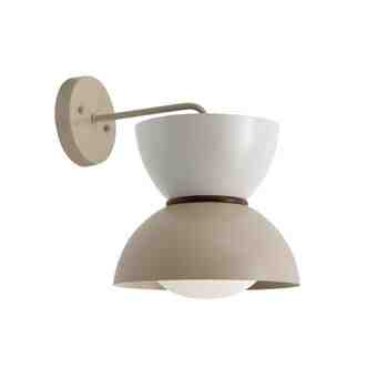 Duo Wall Sconce, Top in 815-Light Grey, Bottom in 607-Taupe, Mounting in 607-Taupe, Walnut Wood Ring, Shown with Oval LED Tala Lamp