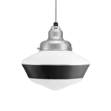 Primary Schoolhouse Pendant Light, 975-Galvanized, Large Opaque Glass, Single Painted Band, 100-Black, CMG-Grey Cloth Cord