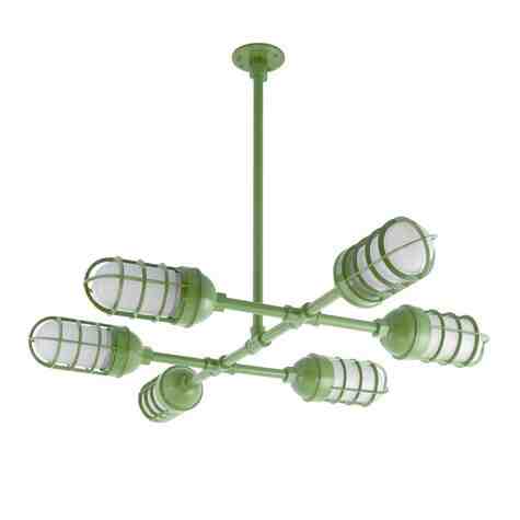 Factory Overhead 6-Light Chandelier, 320-Fern Green, CGG-Standard Cast Guard, FST-Frosted Glass