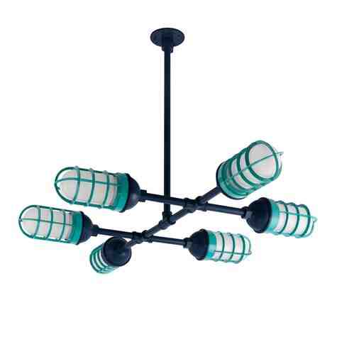 Factory Overhead LED 6-Light Chandelier, 705-Navy, CGG-Standard Cast Guard, Guard in 390-Teal, FST-Frosted Glass