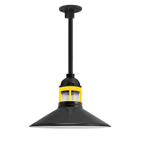 16" Wallaby LED, 100-Black, Guard in 500-Buttery Yellow, RIB-Ribbed Glass, Heavy Duty Stem Mount Canopy, Mounting in 100-Black