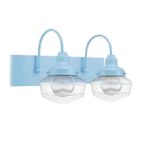 Primary 2-Light Schoolhouse Vanity Light, Clear Glass, 715-Delphite Blue Mounting and Fitter Finish, Triple Painted Band