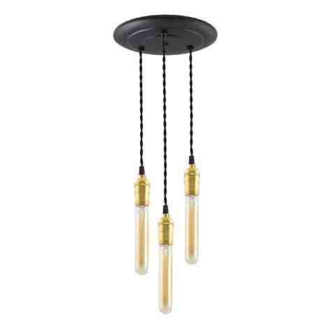 3-Light Raw Brass Chandelier, Canopy in 100-Black, TBK-Black Cotton Twist Cord, 30W Hairpin Edison Bulbs