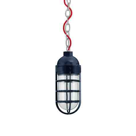 Industrial Guard LED Chain Hung Pendant, 705-Navy, Topless Shade, CGG-Standard Cast Guard, CLR-Clear Glass, Chain in 975-Galvanized, CSR-Red Cloth Cord