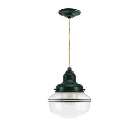 Kao Primary Schoolhouse Pendant Light, 300-Dark Green, Small Clear Glass, Double Painted Band, 100-Black, CSGW-Gold & White Cloth Cord