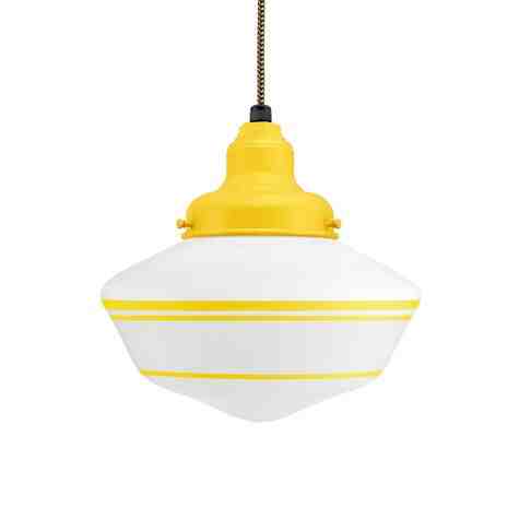 Primary LED Schoolhouse Pendant Light, 500-Buttery Yellow, Large Opaque Glass, Triple Painted Band, CSBG-Black & Gold Cloth Cord