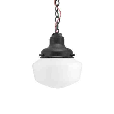 Primary LED Schoolhouse Chain Hung Pendant, 805-Charcoal Granite, Small Opaque Glass, CRZ-Red Chevron Cord