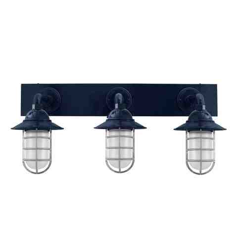 Industrial Guard Triple Vanity Light, 705-Navy, Flared Shade, CGG-Standard Cast Guard, 975-Galvanized, FST-Frosted Glass
