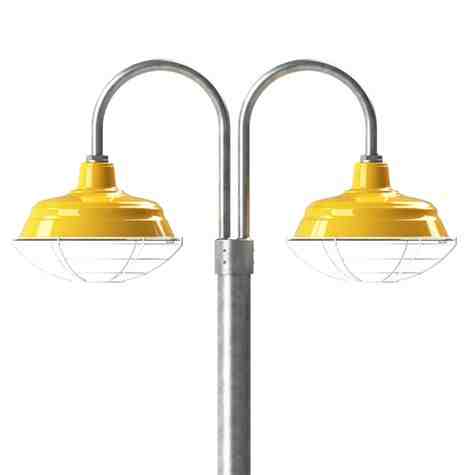 15" Bomber, 550-Porcelain Yellow, Wire Cage, 250-White, Double Post Mount, 975-Galvanized, Smooth Direct Burial Pole, 975-Galvanized