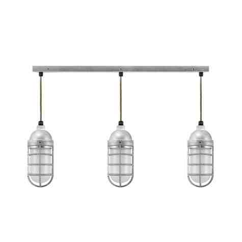 Enterprise LED 3-Light Chandelier, 975-Galvanized, Topless Shade, CGG-Standard Cast Guard, FST-Frosted Glass, CSBG-Black & Gold Cloth Cord