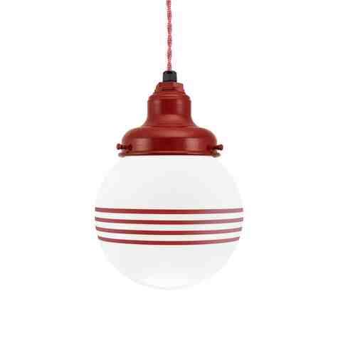 Round Schoolhouse Pendant, 400-Barn Red, Opaque Glass, Four Painted Band, TRW-Red & White Cotton Twist Cord