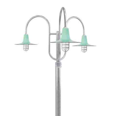 16" Sterling LED, 355-Porcelain Jadite, Triple Post Mount, 975-Galvanized, Smooth Direct Burial Pole, 975-Galvanized, CGG-Standard Cast Guard, 975-Galvanized, CCR-Clear Crackle Glass