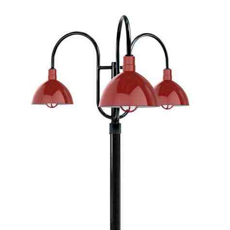 16" Wilcox LED, 455-Porcelain Cherry Red, Triple Post Mount, 100-Black, Smooth Direct Burial Pole, 100-Black, CGG-Standard Cast Guard, 400-Barn Red, RIB-Ribbed Glass