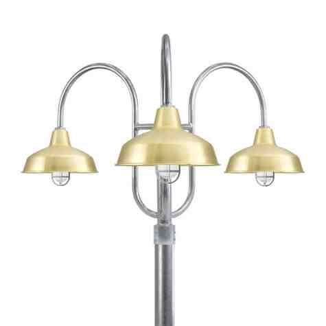 14" Avalon LED, 997-Natural Raw Brass, Decorative 3 Light Post Mount, 975-Galvanized, Smooth Direct Burial Pole, 975-Galvanized, CGG-Standard Cast Guard, 975-Galvanized, RIB-Ribbed Glass