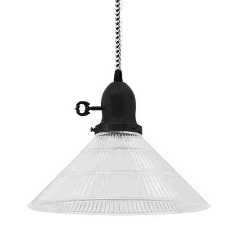 Homestead Pendant, Clear Ribbed Glass, Cup in 100-Black, No Arms, Turn Key Switch, CSBW-Black & White Cloth Cord