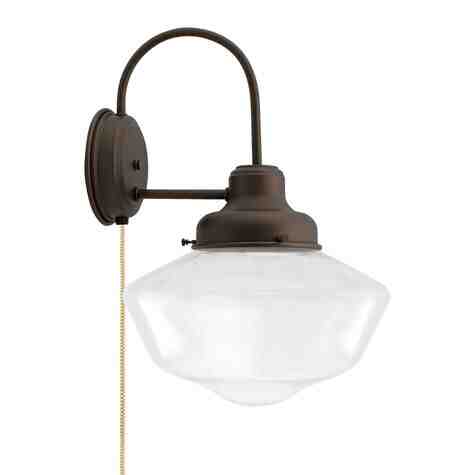 Primary Schoolhouse Sconce, 615-Oil-Rubbed Bronze, Large Clear Glass, CSGW-Gold & White Cloth Cord