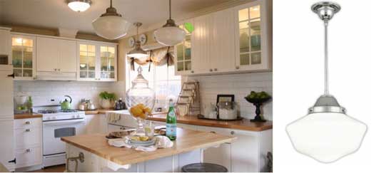 schoolhouse light pendant in kitchen