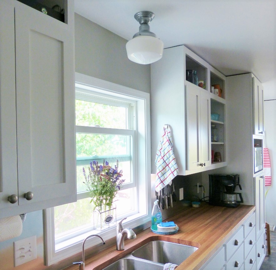 schoolhouse lights in kitchen