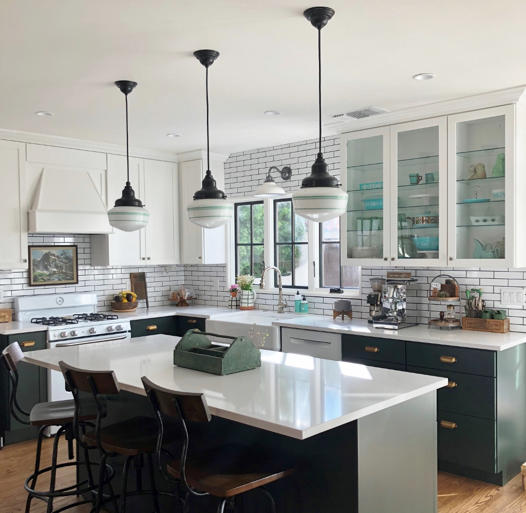 schoolhouse pendants over kitchen island