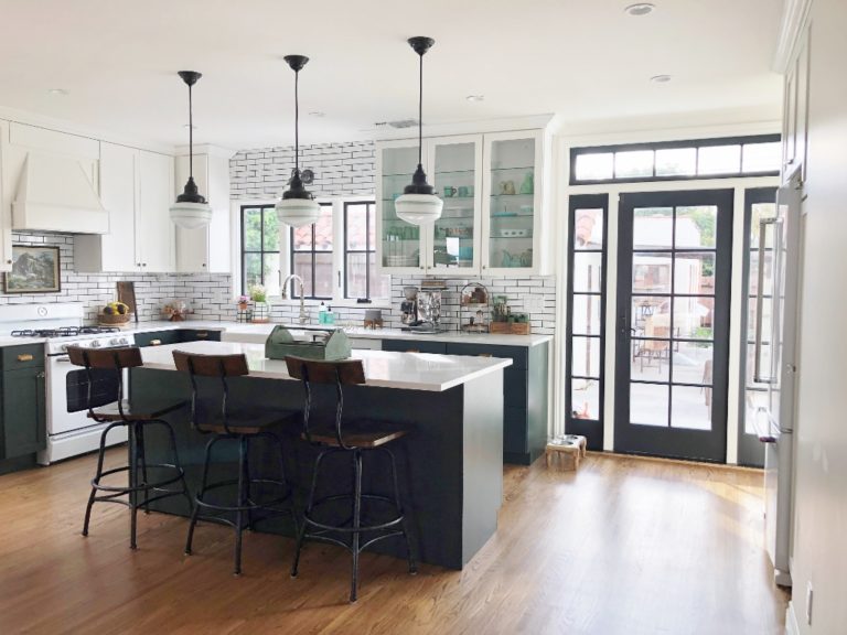 schoolhouse pendants over kitchen island