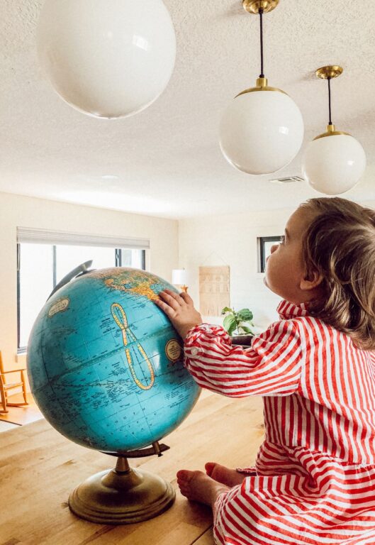 BLxJessaBray11 residential interior kitchen lighting Glass Ball Pendant 12in opaque glass SBK raw brass top canopy baby