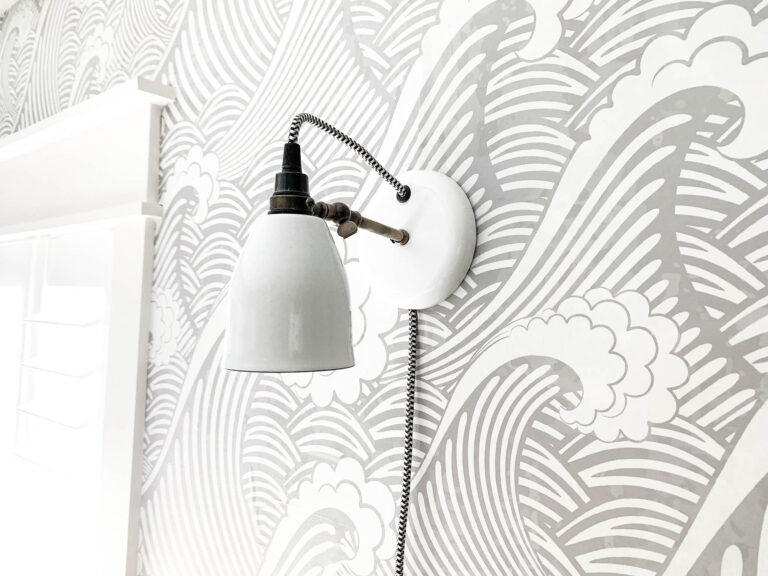 Lovell Plug In Wall Sconces White Weathered Brass arm Black and White cloth cord